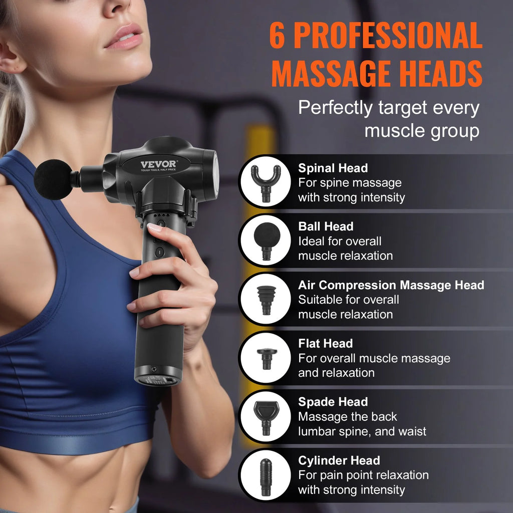 VEVOR Professional Deep Tissue Massage Gun with 9 Speed Settings and 6 Interchangeable Massage Heads, 24V 2500mAh Battery, Percussion Muscle Massager for Athletes, Handheld Electric Device for Pain Relief and Muscle Relaxation