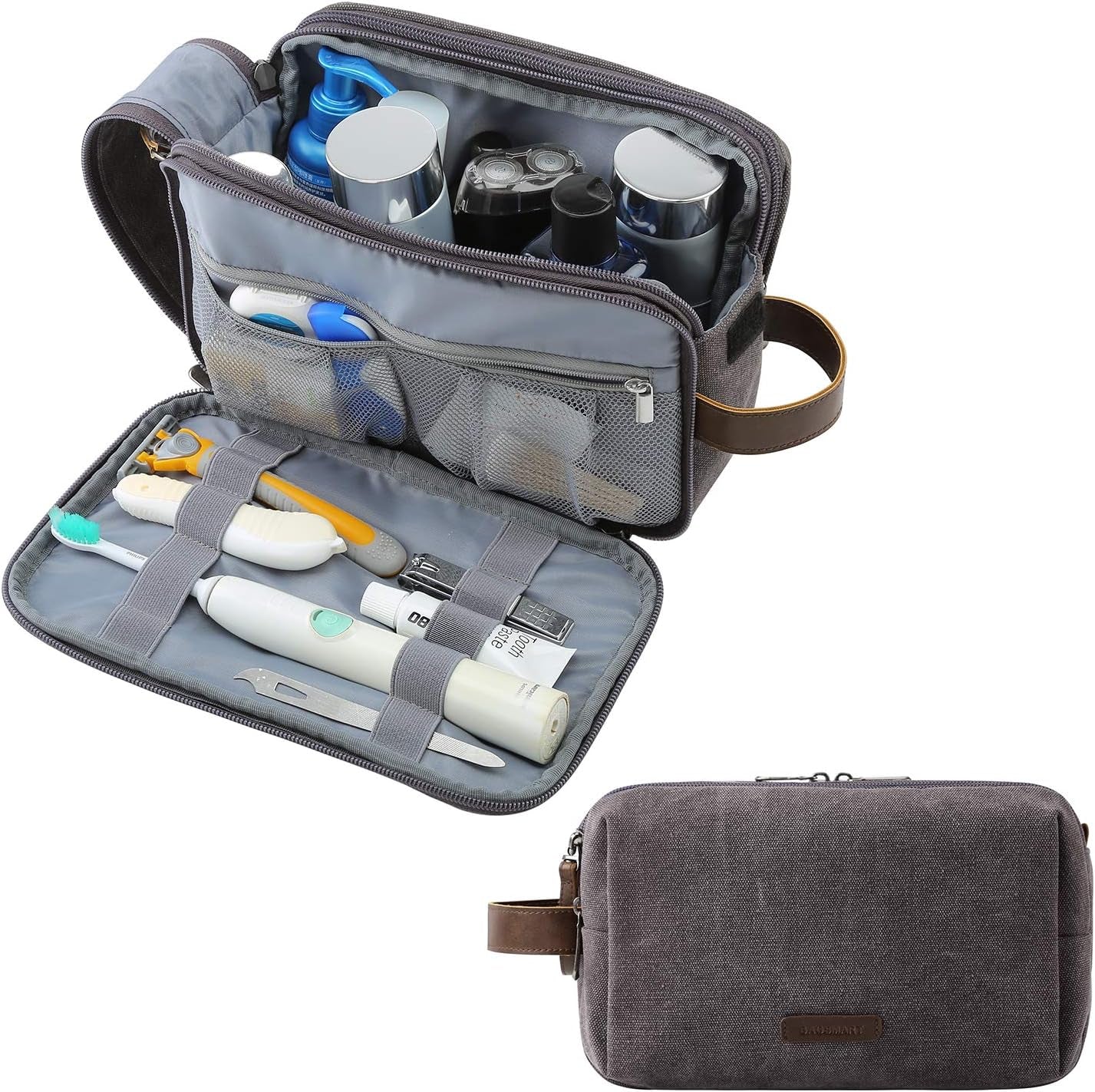 Men's Canvas Travel Toiletry Organizer - Water-Resistant Dopp Kit for Grooming Accessories, Grey-Medium