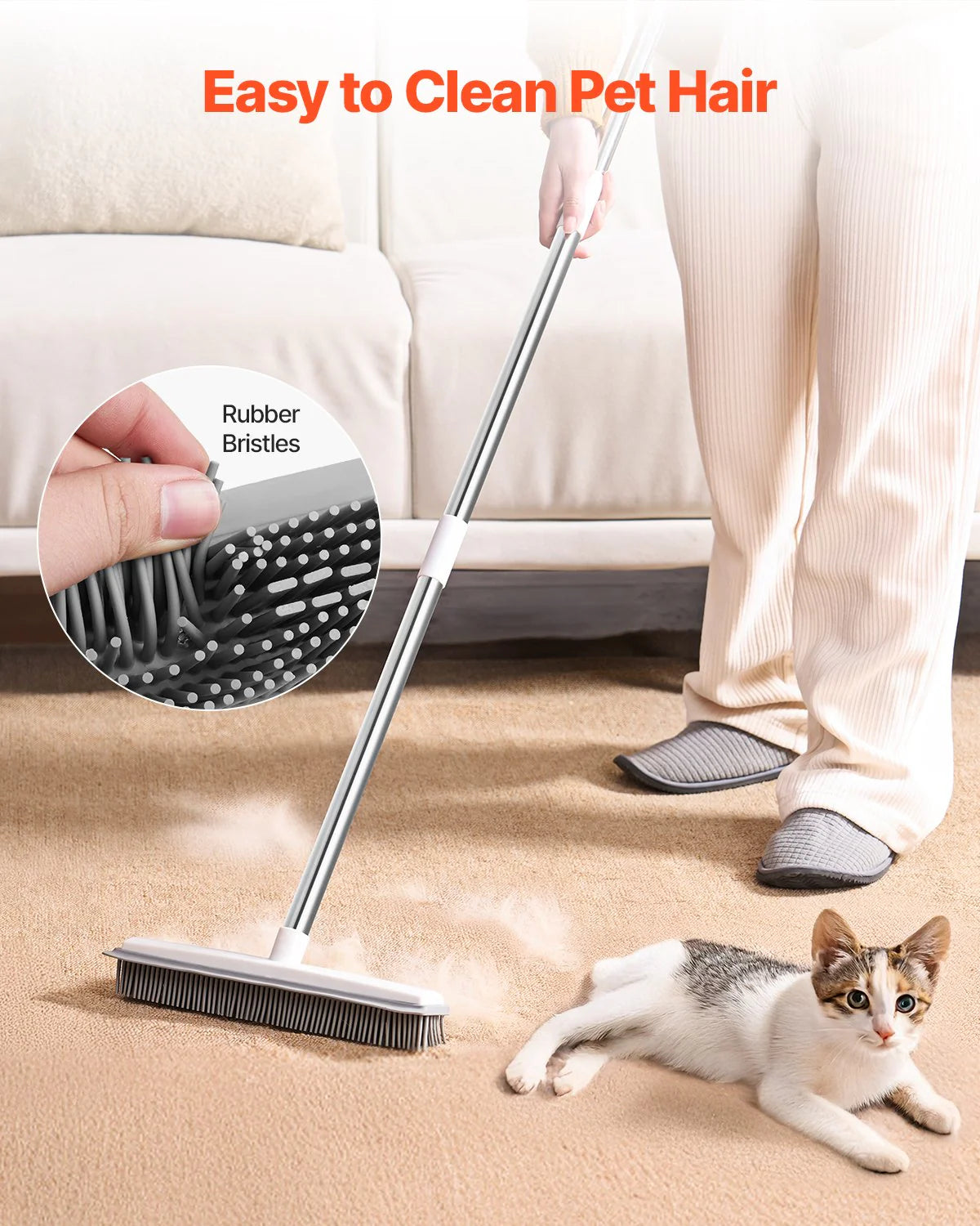 Adjustable Long Handle Rubber Broom for Effective Pet Hair Removal - 58.46 inches