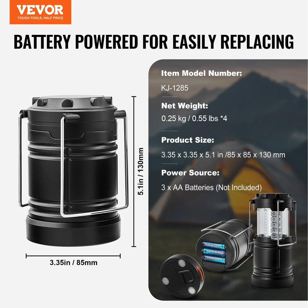 VEVOR Set of 4 Collapsible LED Battery-Powered Camping Lanterns