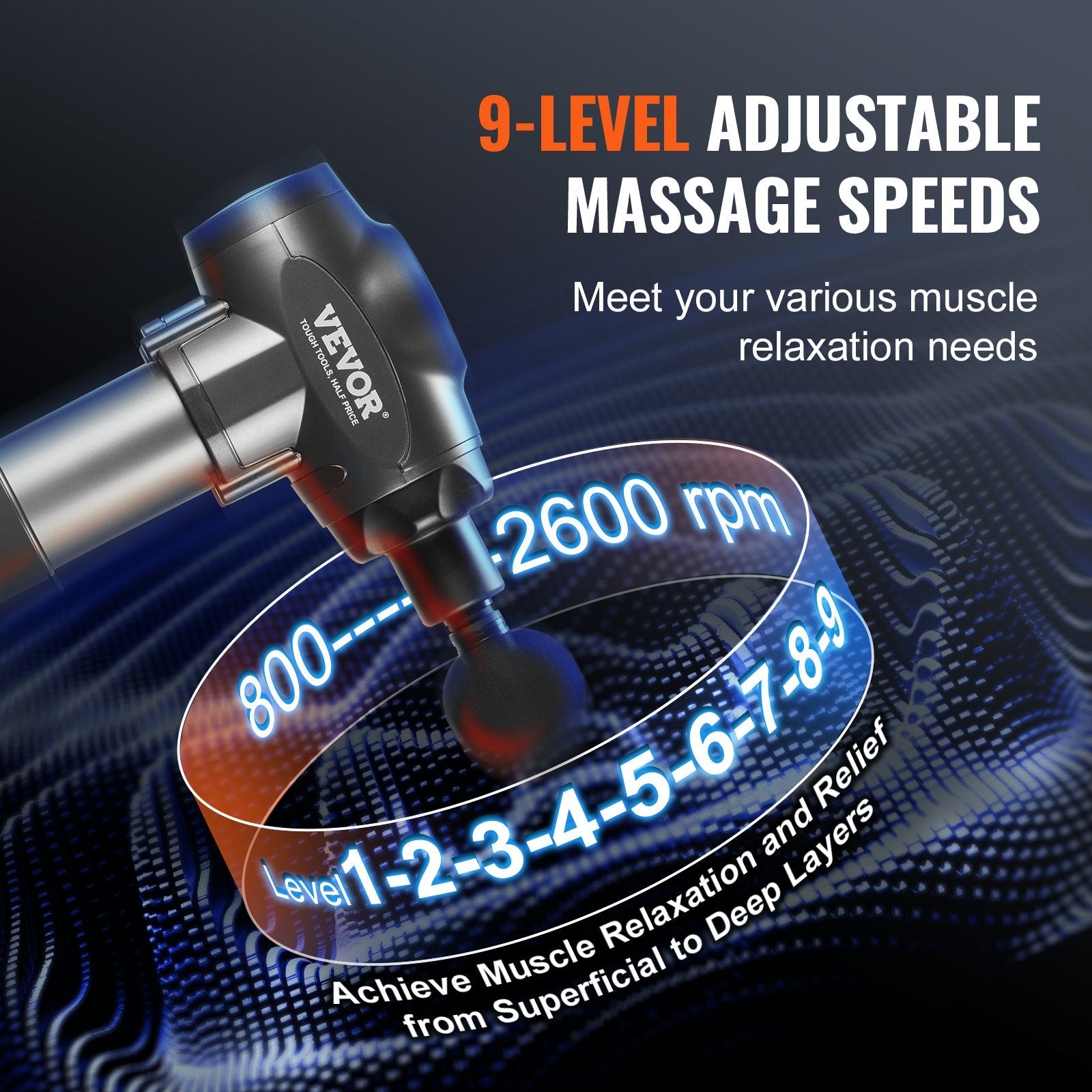 VEVOR Professional Deep Tissue Massage Gun with 9 Speed Settings and 6 Interchangeable Massage Heads, 24V 2500mAh Battery, Percussion Muscle Massager for Athletes, Handheld Electric Device for Pain Relief and Muscle Relaxation
