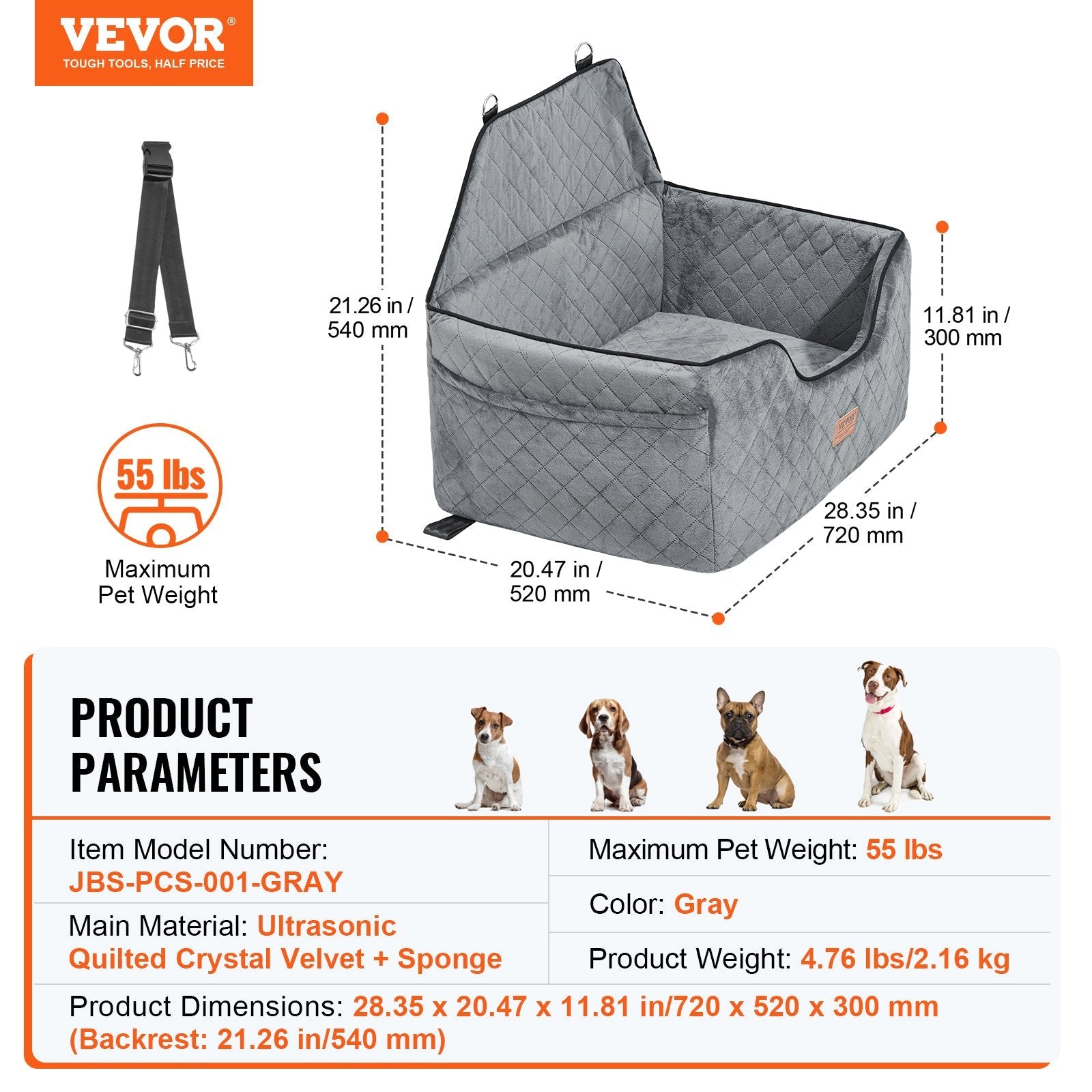 VEVOR Premium Dog Booster Car Seat for Medium to Large Dogs up to 55 lbs - Gray