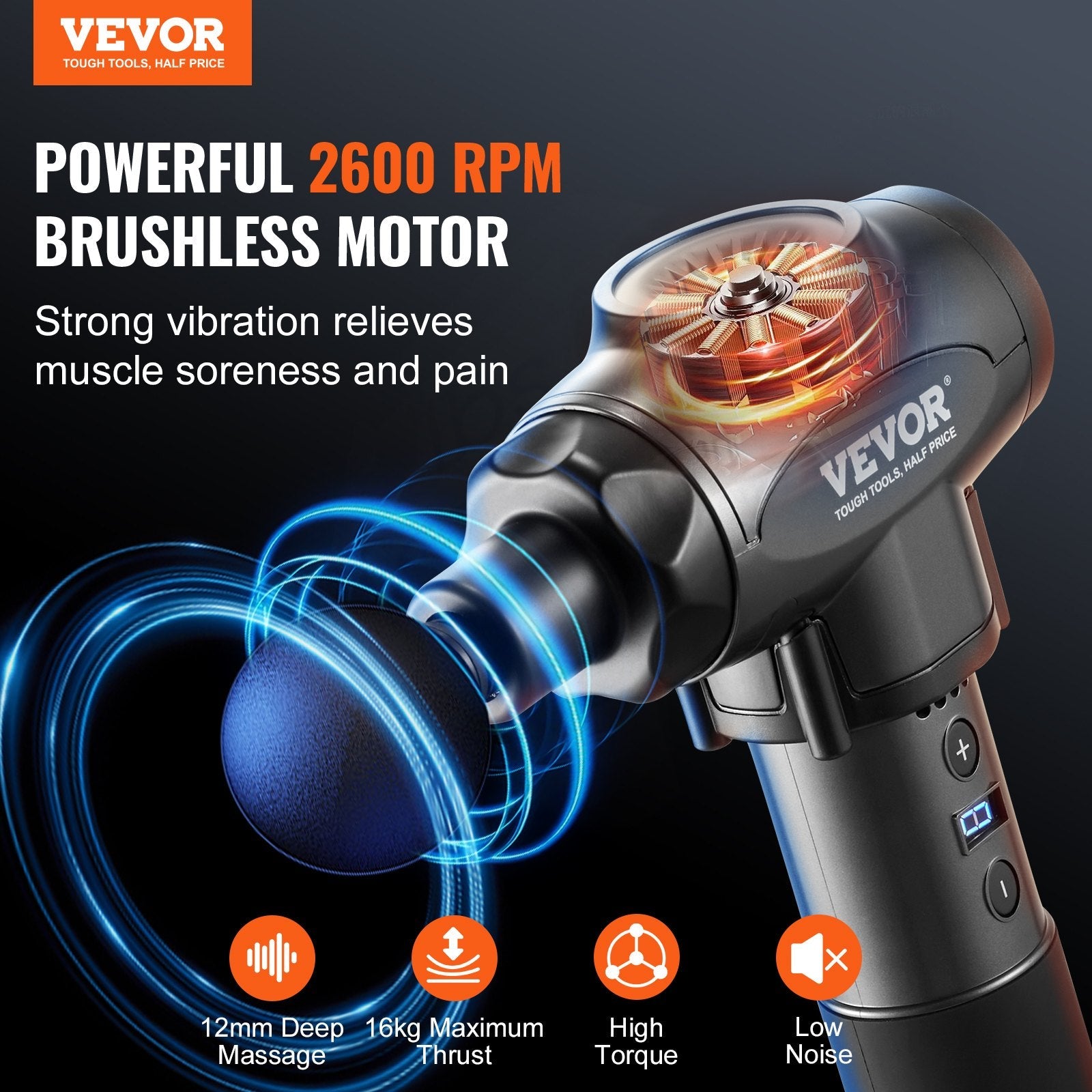 VEVOR Professional Deep Tissue Massage Gun with 9 Speed Settings and 6 Interchangeable Massage Heads, 24V 2500mAh Battery, Percussion Muscle Massager for Athletes, Handheld Electric Device for Pain Relief and Muscle Relaxation