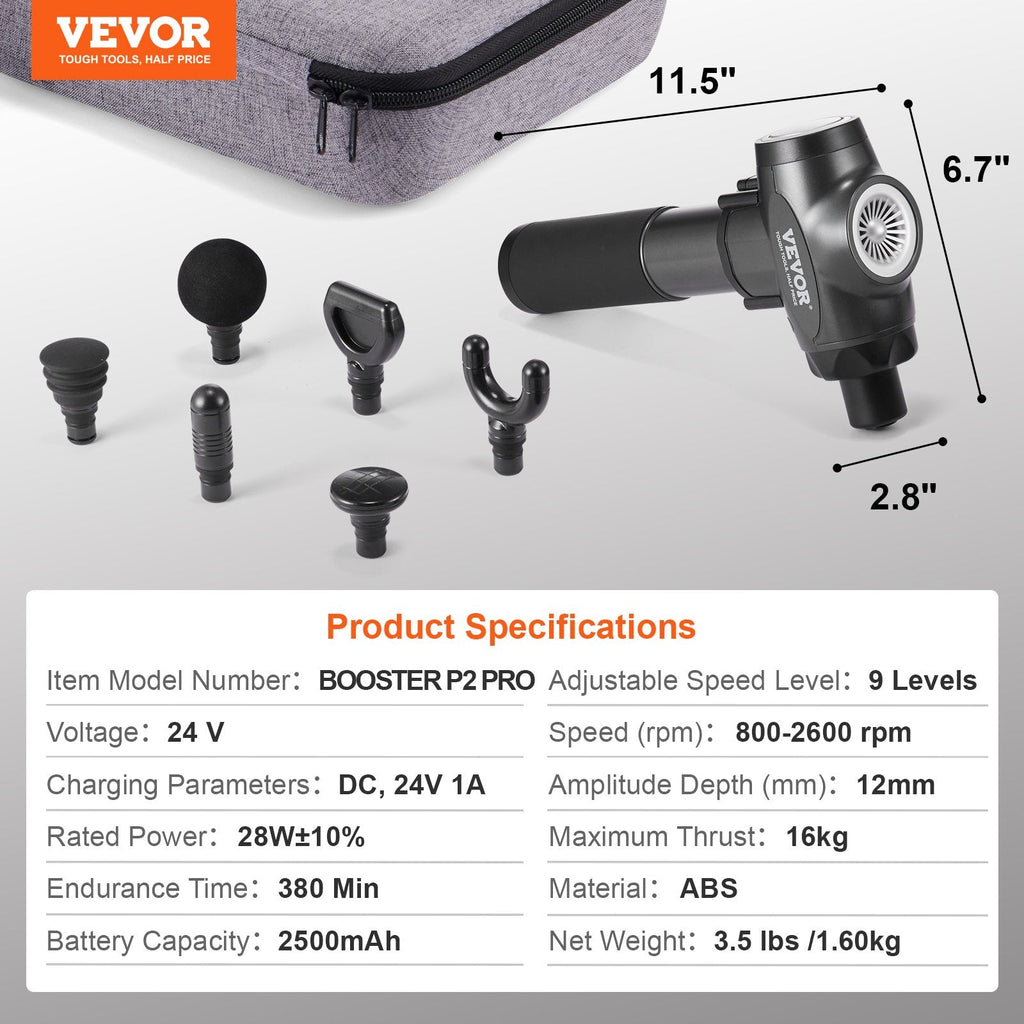 VEVOR Professional Deep Tissue Massage Gun with 9 Speed Settings and 6 Interchangeable Massage Heads, 24V 2500mAh Battery, Percussion Muscle Massager for Athletes, Handheld Electric Device for Pain Relief and Muscle Relaxation