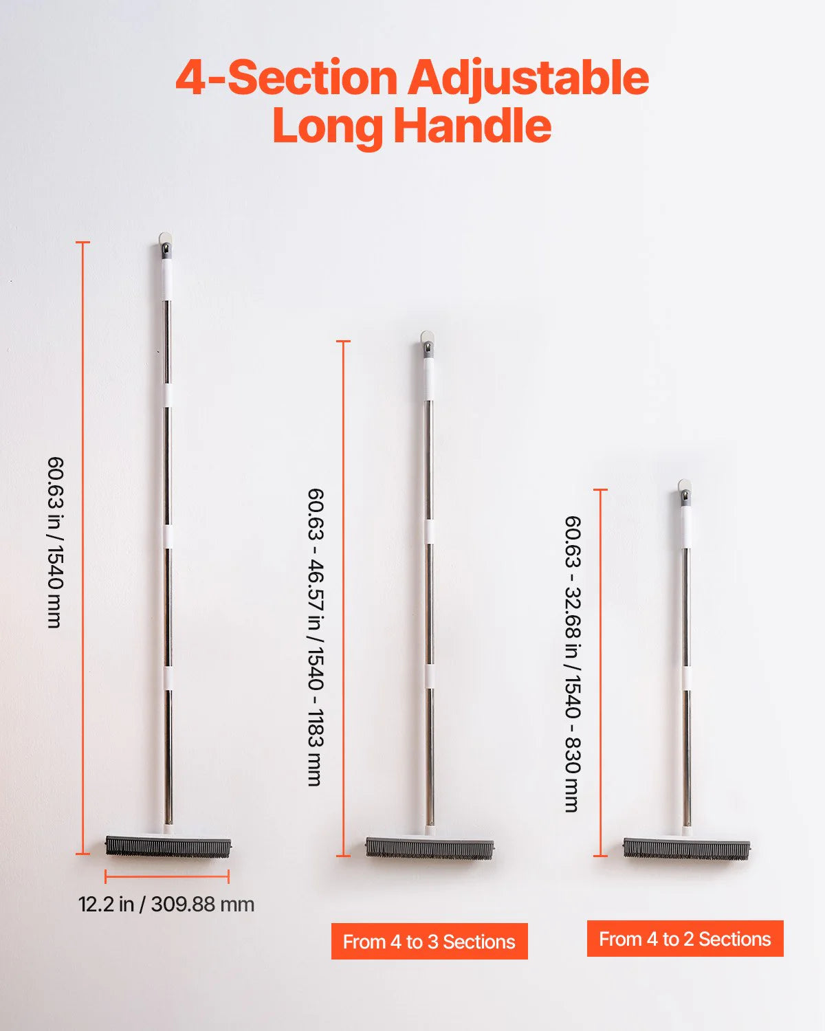 Adjustable Long Handle Rubber Broom for Effective Pet Hair Removal - 58.46 inches