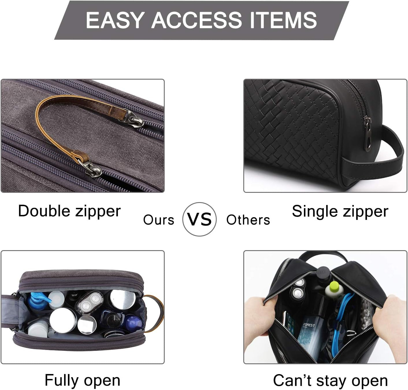 Men's Canvas Travel Toiletry Organizer - Water-Resistant Dopp Kit for Grooming Accessories, Grey-Medium