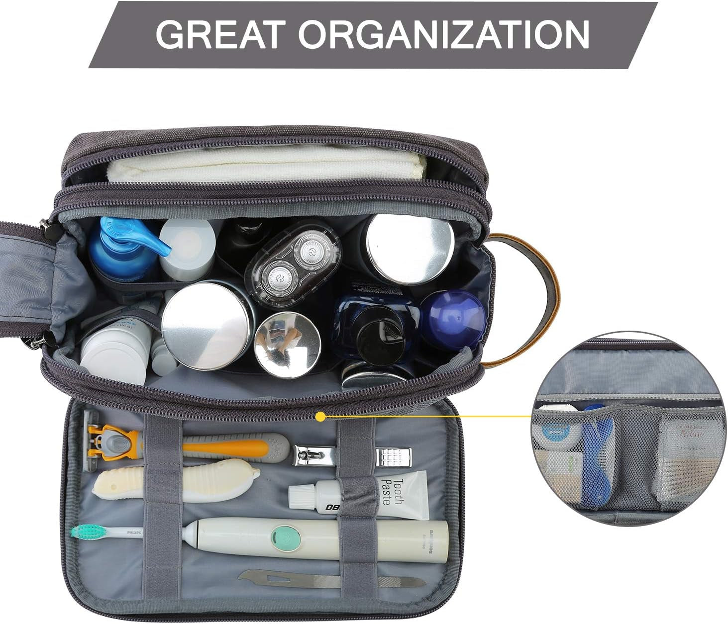 Men's Canvas Travel Toiletry Organizer - Water-Resistant Dopp Kit for Grooming Accessories, Grey-Medium